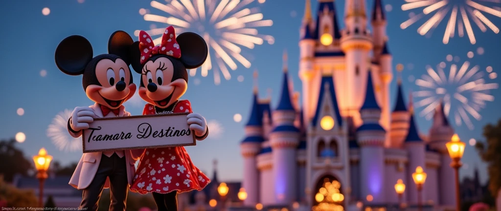 Mickey mouse and minnie together wearing a stylish outfit and a sign that says Tamara Destinos. In the background the magical Disney castle, with many colors, sparkles and fireworks.
