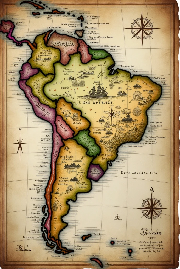 An old map with marked routes, representing different regions where Spanish is spoken.