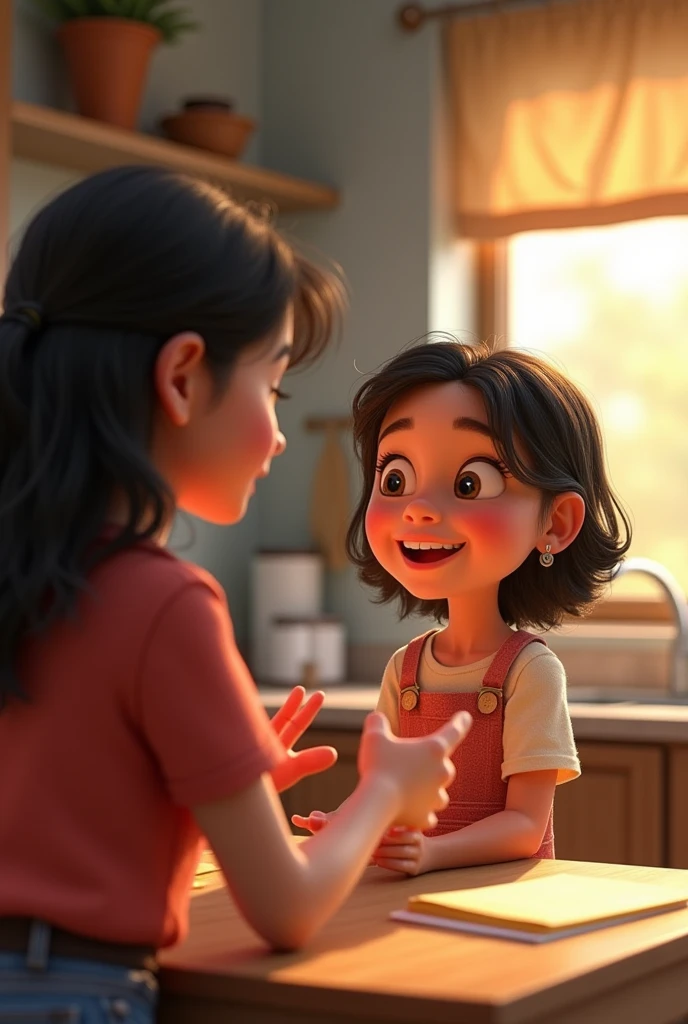 An eleven year old pixar style girl talking to her mother