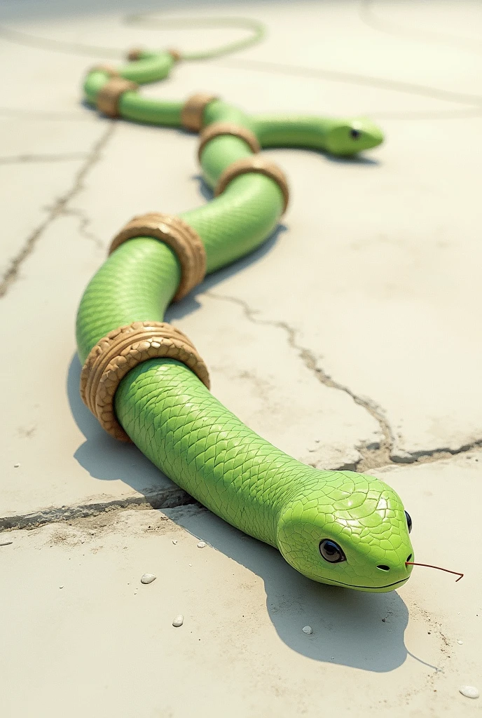 Three light green beads, crawling in line. realistic drawing. cement floor. A brown ring on each of the 3 snakes