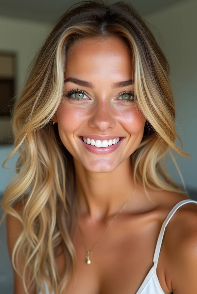 blonde woman with slightly wavy hair, green eyes and a medium nose with a big smile
