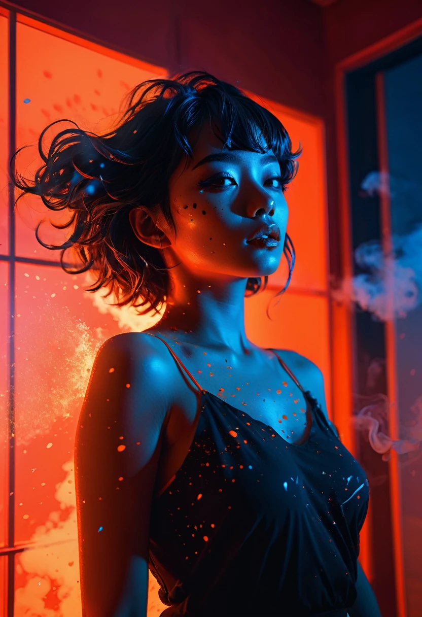 Vaporwave, 2d anime art illustratuon, moxin, ink splatters and bold brush lines, dark silhouette of a woman in a pitch black void, orange rim lighting gradually changing into red room lighting, eyes glowing with cold blue light, rising smoke, fever dream, chrome skin, volumetric lighting, subsurface scattering, godrays, frosted particles