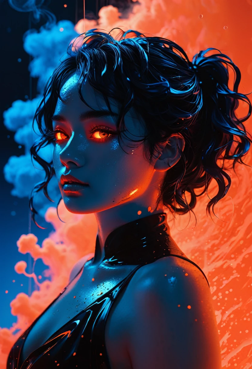 Vaporwave, 2d anime art illustratuon, moxin, ink splatters and bold brush lines, dark silhouette of a woman in a pitch black void, orange rim lighting gradually changing into red room lighting, eyes glowing with cold blue light, rising smoke, fever dream, chrome skin, volumetric lighting, subsurface scattering, godrays, frosted particles