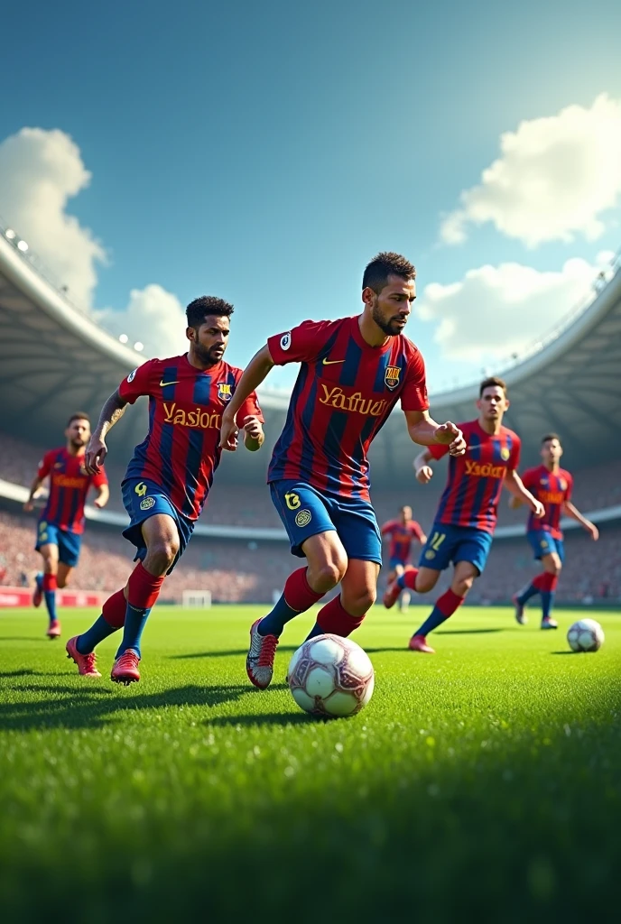 Neymar Jr,cristiano ronaldo,Messi,maldini,Puyol,Van Persie and Philippe Coutinho wearing Vasco da Gama uniform on a football pitch 