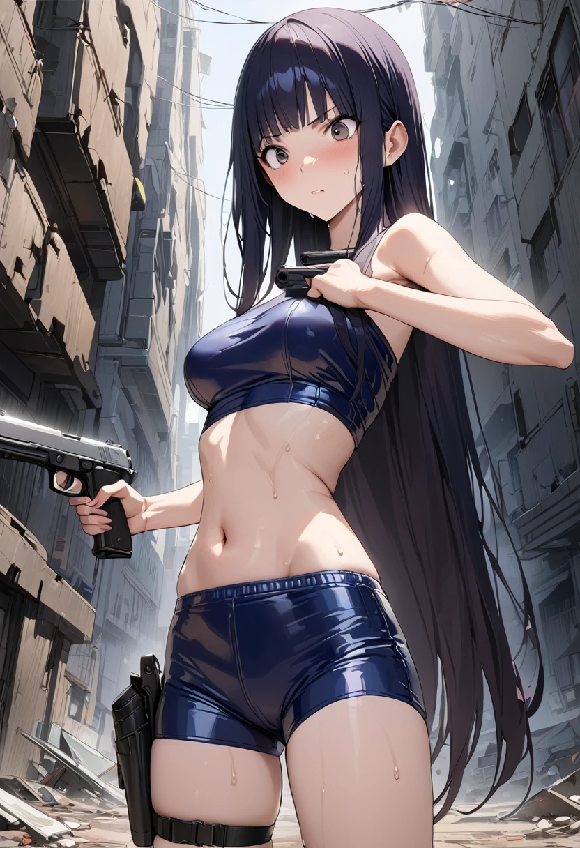 Action Scenes、((masterpiece,best quality anime,Highest quality:1.3)),realistic,cowboy shot,1woman,独奏,(30 year old beauty),((very small head:1.4)),((very long body:1.4)),(dark blue hair),straight long hair,(gorgeous big eyes),black eyes,Serious expression,((slender body:1.4,skinny)),(Dark blue tube top shirt、navel、Navy blue latex shorts),Leg Holster,Combat Boots、medium breasts,sweat,holding handgun,(Shoot a gun,Shooting stance)、on road,Collapsed Buildings、Cyberpunk World、