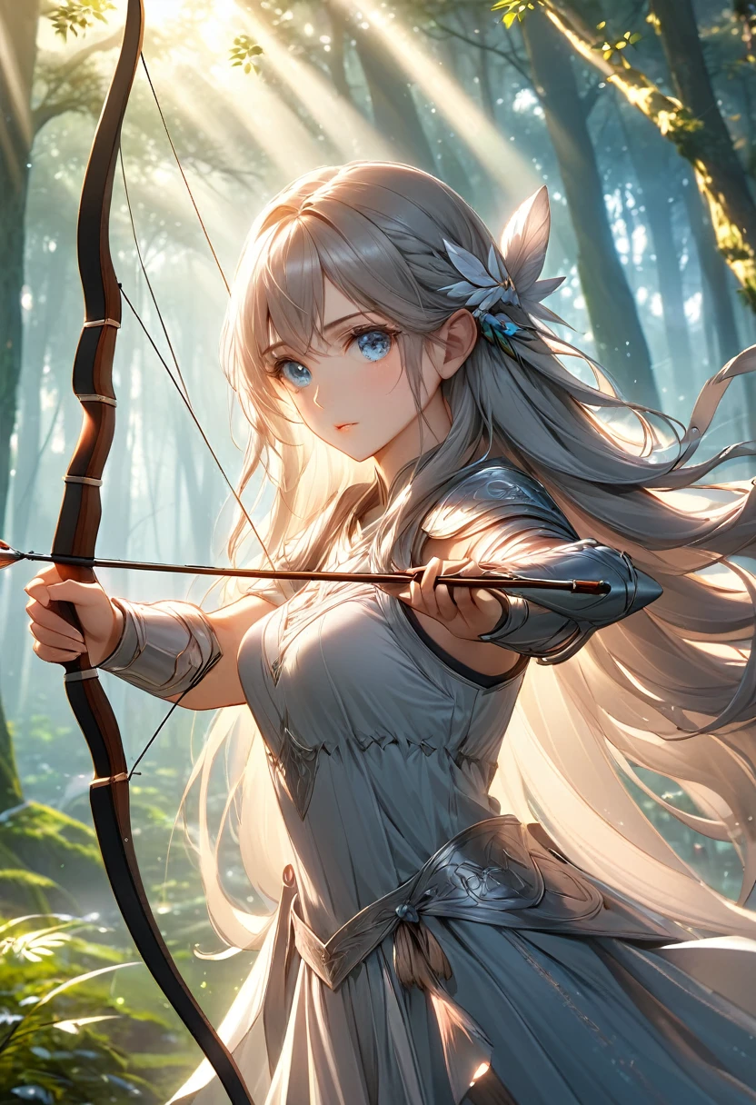 Beautiful female archer, holding a bow, Delicate face, beautiful eyes, Detailed facial features, Flowing long hair, Elegant Posture, Fantasy Landscape, Dense forest, Sunlight through the trees, Soft tones, Dramatic Lighting, Film composition, number, Extremely detailed, (best quality,4K,8K,high resolution,masterpiece:1.2),Extremely detailed,(Practical,photoPractical,photo-Practical:1.37)