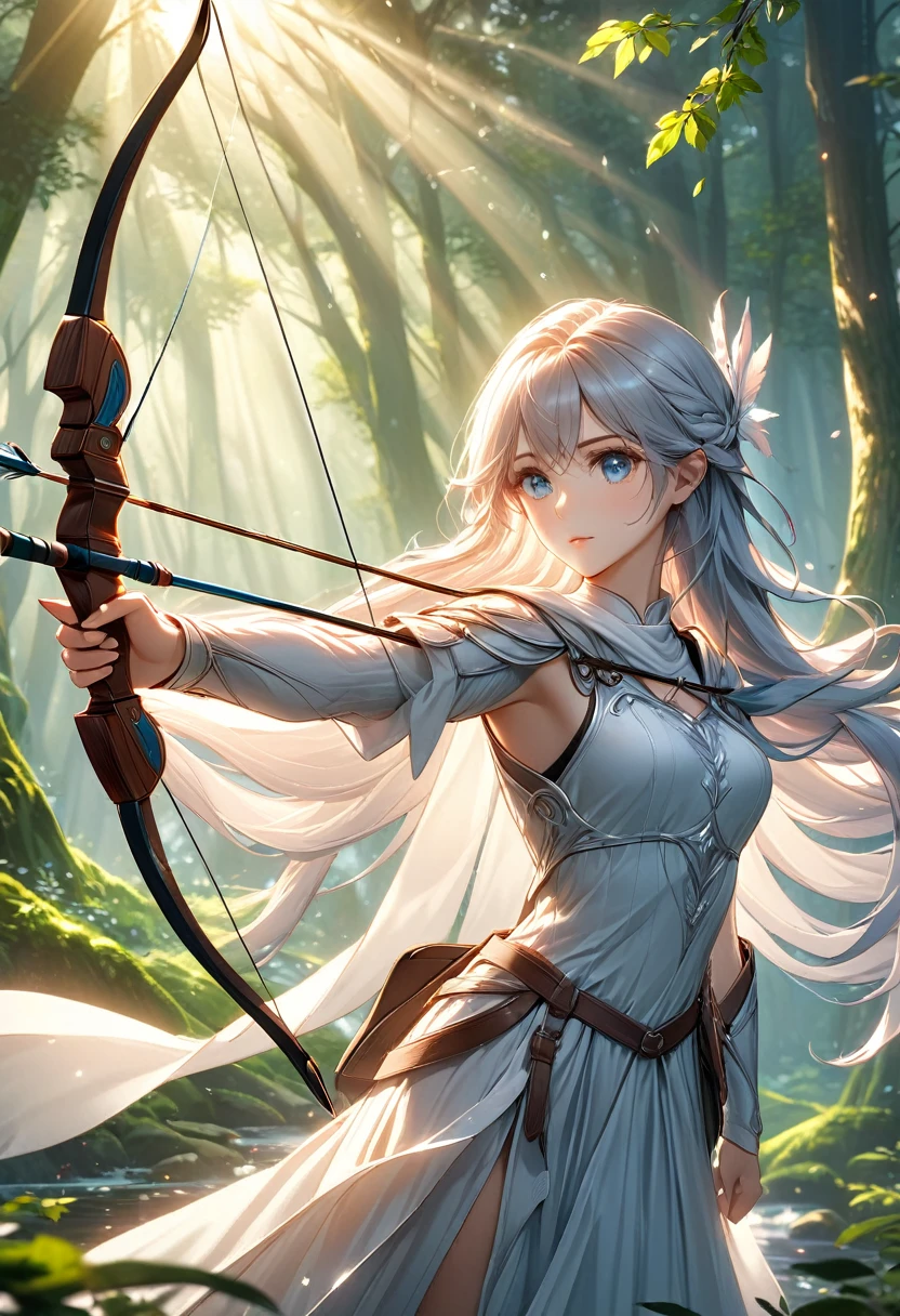 Beautiful female archer, holding a bow, Delicate face, beautiful eyes, Detailed facial features, Flowing long hair, Elegant Posture, Fantasy Landscape, Dense forest, Sunlight through the trees, Soft tones, Dramatic Lighting, Film composition, number, Extremely detailed, (best quality,4K,8K,high resolution,masterpiece:1.2),Extremely detailed,(Practical,photoPractical,photo-Practical:1.37)