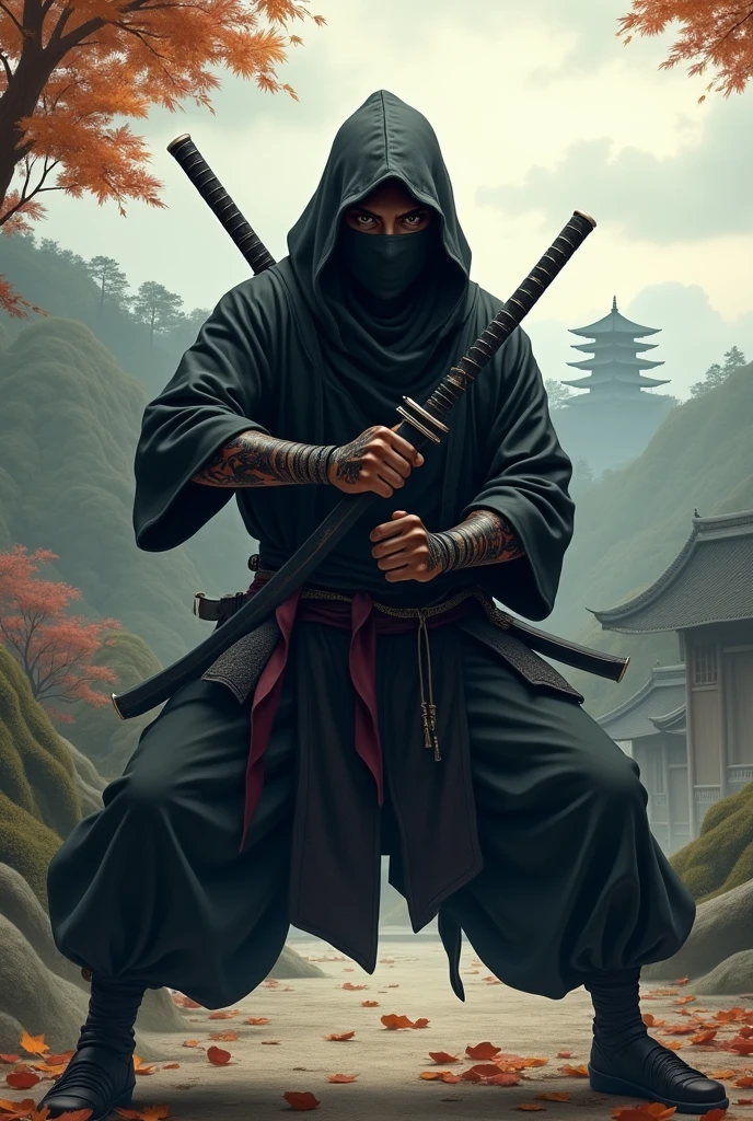 create a ninja, face covered, a scene from feudal Japan fighting stance