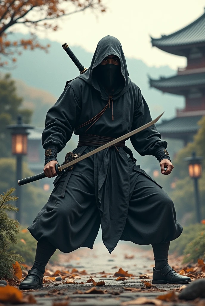 create a ninja, face covered, a scene from feudal Japan fighting stance