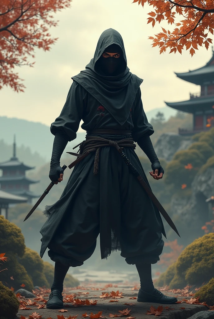 create a ninja, face covered, a scene from feudal Japan fighting stance