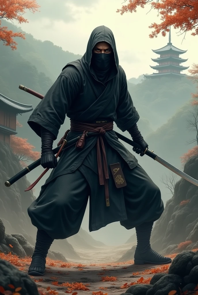 create a ninja, face covered, a scene from feudal Japan fighting stance