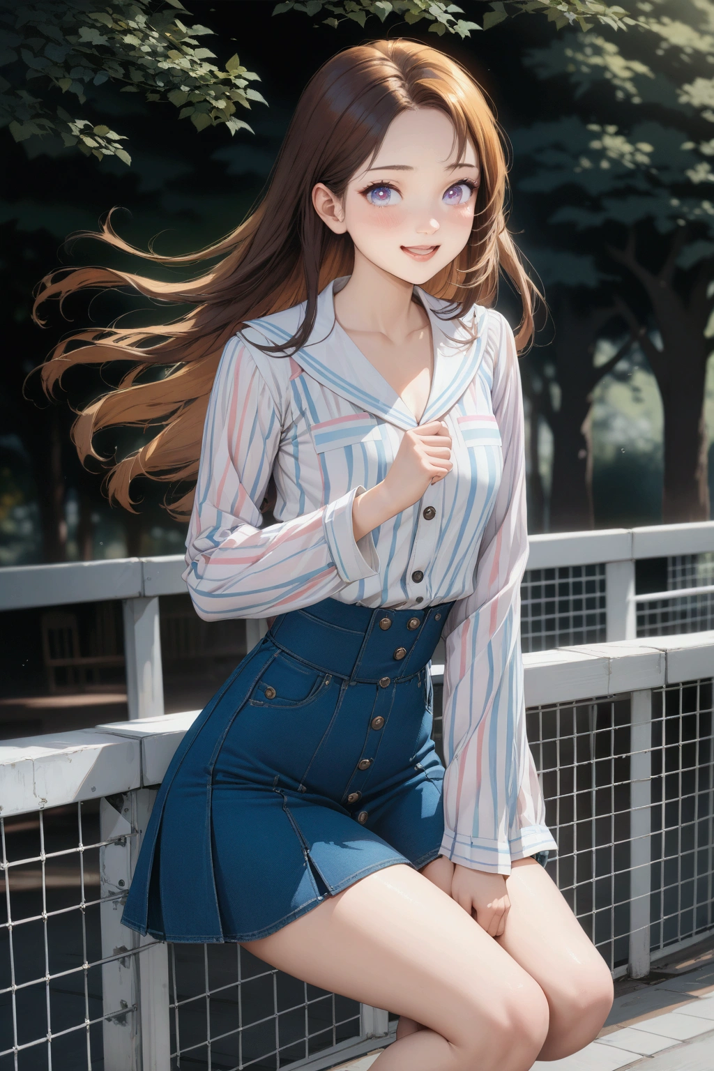 realistic anime illustration of  pretty young woman is posing at public park, she has blonde long straight hair (+forehead, multicolored hair, brown hair), wearing white long sleeve shirt with vertical striped, prussian-blue denim a-line mini skirt with buttons, (1girl, solo, full body), (masterpiece, best quality, japanese anime style), (expressive eyes, perfect face)