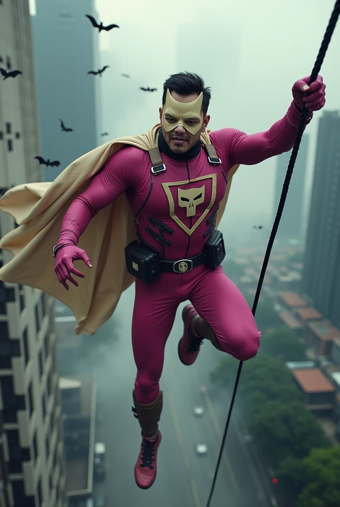 Malaysia man in high-tech suit, vivid effects, malaysian superhero (KELUANG MAN) in a striking pink and beige costume cyberpunk design, mask small mini bat ear beige, daredevil beige mask, jumpsuit dark pink stands confidently in a dramatic.jumping from high place.hero costume.one hand rise up. Big triangle logo on the chest.high detail Punisher logo on the chest. Fighting pose , stormy landscape. ((Head covered node guard like batman. Running pose , athletic body type, small mini ear bat mask))The character wears domino mask a helmet with pointed mini torn ears and a flowing cape biege, open nose and mouth. Equipped with visible futuristic weapons on a belt,bullet proof jacket pink dark day.show fingers pose, dark night, big supermoon effect . Small logo on chest triangle shape small punisher logo center triangle cyber logo center on chest pink logo mini logo . rocky. Building top.smoke ground , bomb effect background, losse pants, losses costume.adding to --ar 3:4 --style raw --stylize 500 --v 6.1. chaos. Lot of small flying bat. One leg on the high stone. Man . Real man age 40 year old. One hand holding belt.one hand holding black rope hanging on building