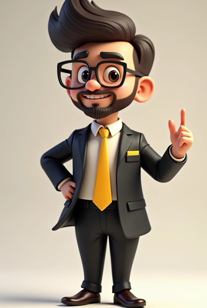 A full-body 3D cartoon-style character. The character is a young man with light skin, a beard, and dark brown hair styled upwards, thick eyebrows, large brown eyes, and wears glasses. His expression is neutral, with a calm and composed demeanor.
The character is dressed formally, wearing a black suit, a white shirt, and a yellow tie. In the pocket of the suit jacket, there is a yellow pocket square, matching the tie.
He stands with one hand in his pocket and the other hand pointed upwards, as if emphasizing or making a point. His posture is animated and confident, with his stance conveying a sense of engagement and energy. The background of the image is neutral, which further highlights the character.