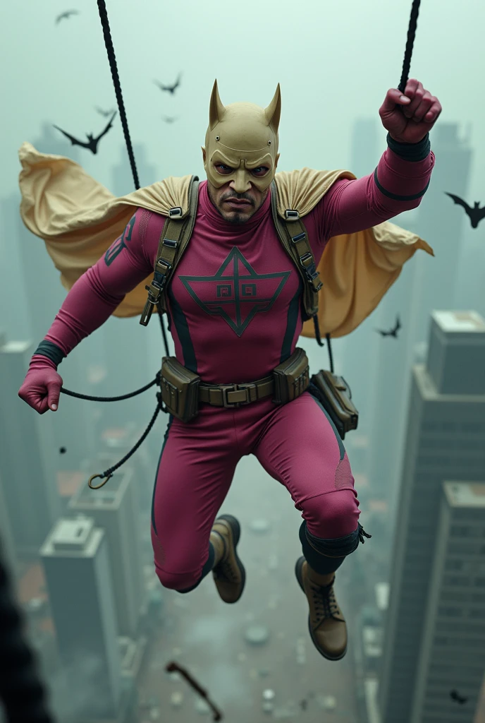 Malaysia man in high-tech suit, vivid effects, malaysian superhero (KELUANG MAN) in a striking pink and beige costume cyberpunk design, mask small mini bat ear beige, daredevil beige mask, jumpsuit dark pink stands confidently in a dramatic.jumping from high place.hero costume.one hand rise up. Big triangle logo on the chest.high detail Punisher logo on the chest. Fighting pose , stormy landscape. ((Head covered node guard like batman. Running pose , athletic body type, small mini ear bat mask))The character wears domino mask a helmet with pointed mini torn ears and a flowing cape biege, open nose and mouth. Equipped with visible futuristic weapons on a belt,bullet proof jacket pink dark day.show fingers pose, dark night, big supermoon effect . Small logo on chest triangle shape small punisher logo center triangle cyber logo center on chest pink logo mini logo . rocky. Building top.smoke ground , bomb effect background, losse pants, losses costume.adding to --ar 3:4 --style raw --stylize 500 --v 6.1. chaos. Lot of small flying bat. One leg on the high stone. Man . Real man age 40 year old. One hand holding belt.one hand holding black rope hanging on building