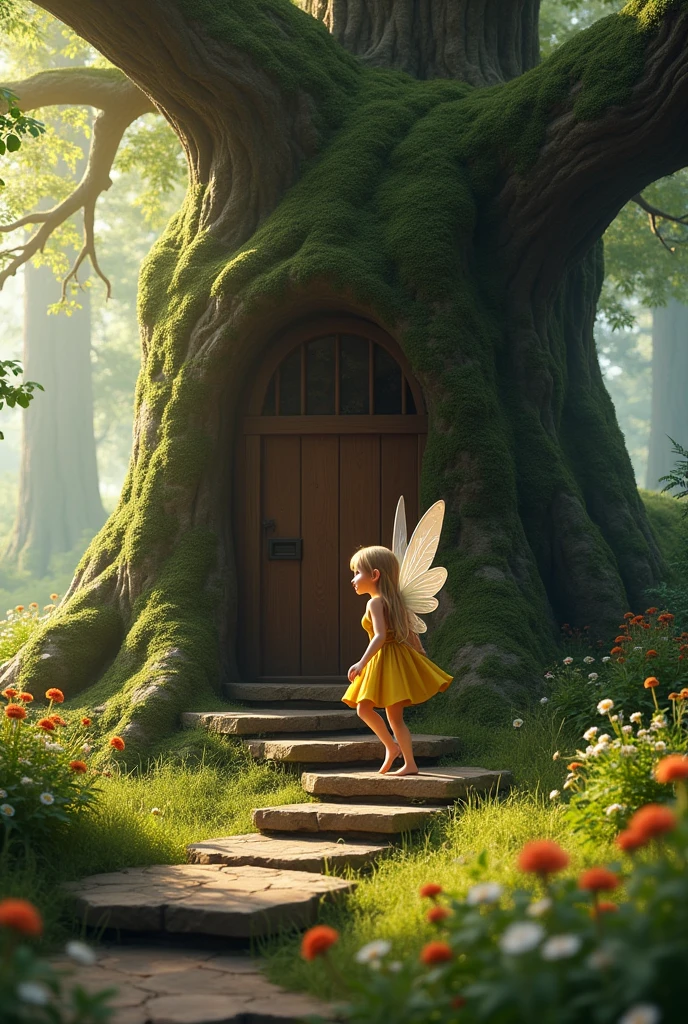 "A hyper-realistic scene of a large, ancient tree with a rustic treehouse embedded within its moss-covered bark, captured from a distance with the detailed clarity of iPhone photography. The treehouse features a wooden door at the top of stone steps, slightly ajar. A shy, beautiful fairy is descending the steps, her face clearly visible, with lifelike, natural features. Her wings are delicate and semi-transparent, catching the light subtly. The fairy has a soft, warm complexion, realistic skin texture, and flowing hair that moves naturally. The scene captures more of the surrounding environment, showing the lush forest background with tall trees, wildflowers, and soft, dappled sunlight filtering through the leaves. The lighting is natural and soft, as in a serene forest during the golden hour. Ultra-realistic textures, full-body view, high-resolution, natural color palette, shallow depth of field for the fairy, and detailed background."
