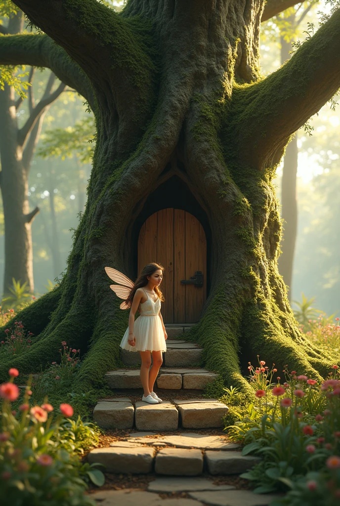 "A hyper-realistic scene of a large, ancient tree with a rustic treehouse embedded within its moss-covered bark, captured from a distance with the detailed clarity of iPhone photography. The treehouse features a wooden door at the top of stone steps, slightly ajar. A shy, beautiful fairy is descending the steps, her face clearly visible, with lifelike, natural features. Her wings are delicate and semi-transparent, catching the light subtly. The fairy has a soft, warm complexion, realistic skin texture, and flowing hair that moves naturally. The scene captures more of the surrounding environment, showing the lush forest background with tall trees, wildflowers, and soft, dappled sunlight filtering through the leaves. The lighting is natural and soft, as in a serene forest during the golden hour. Ultra-realistic textures, full-body view, high-resolution, natural color palette, shallow depth of field for the fairy, and detailed background."
