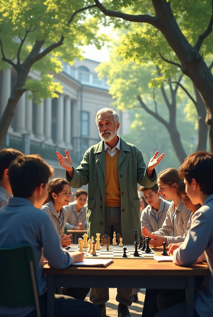Teacher giving chess lesson in schoolyard to crowd of students.