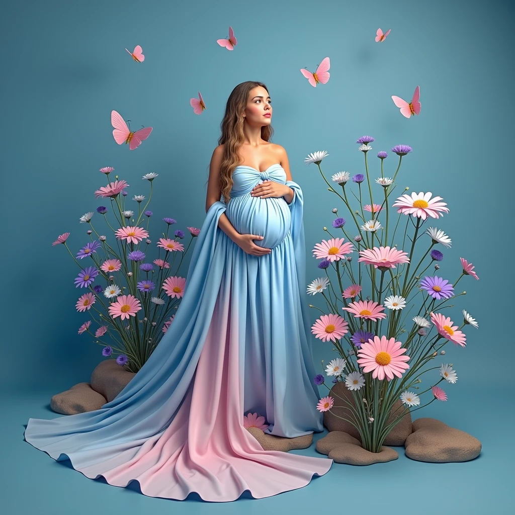 pregnant woman in a blue gown surrounded by flowers and butterflies, a colorized photo by Elena Guro, trending on cg society, conceptual art, blue and pink colors, blue and pink color scheme, blue and pink, maternal photography 4 k, pastel blues and pinks, pink and blue colors, pink and blue colour, blue and pink colour splash, pink and blue