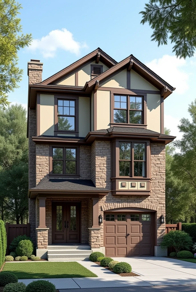 Create a three-story plan with a garden in the front and a garage and garden in the back that has a total of 4 bedrooms, 3 bathrooms and a basement..
