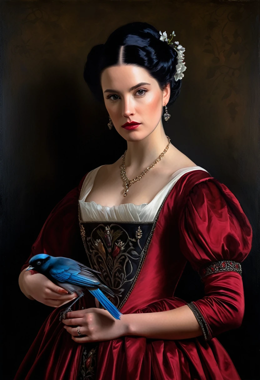 young Catherine Blackwood painted in an elegant Renaissance gown. She has her signature crimson and black hair styled elegantly and is posing with a mysterious expression. She holds a small bird in one hand and a flower in the other. The background of the painting contains dark hues in a classical oil portraiture style of Renaissance art, cinematic lighting, hyper-realistic, elegance and grandeur typical for historical portraits