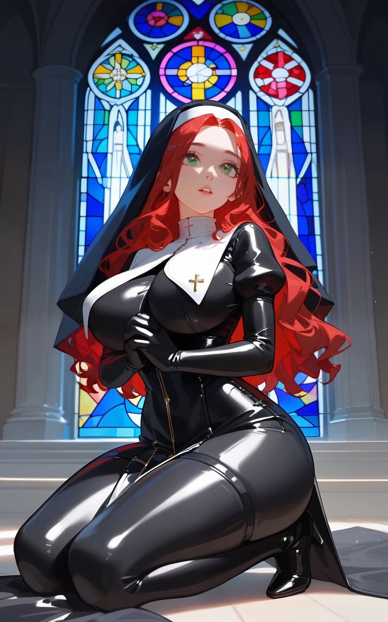 1 girl, best quality, masterpiece, church, stained glass, red hair, green eyes, wavy hair, black latex nun outfit, shiny latex nun dress, extremely glossy latex(2.0), big breasts, big thighs, big butt, hourglass figure, kneeling, looking up, praying, pillar of light shining down