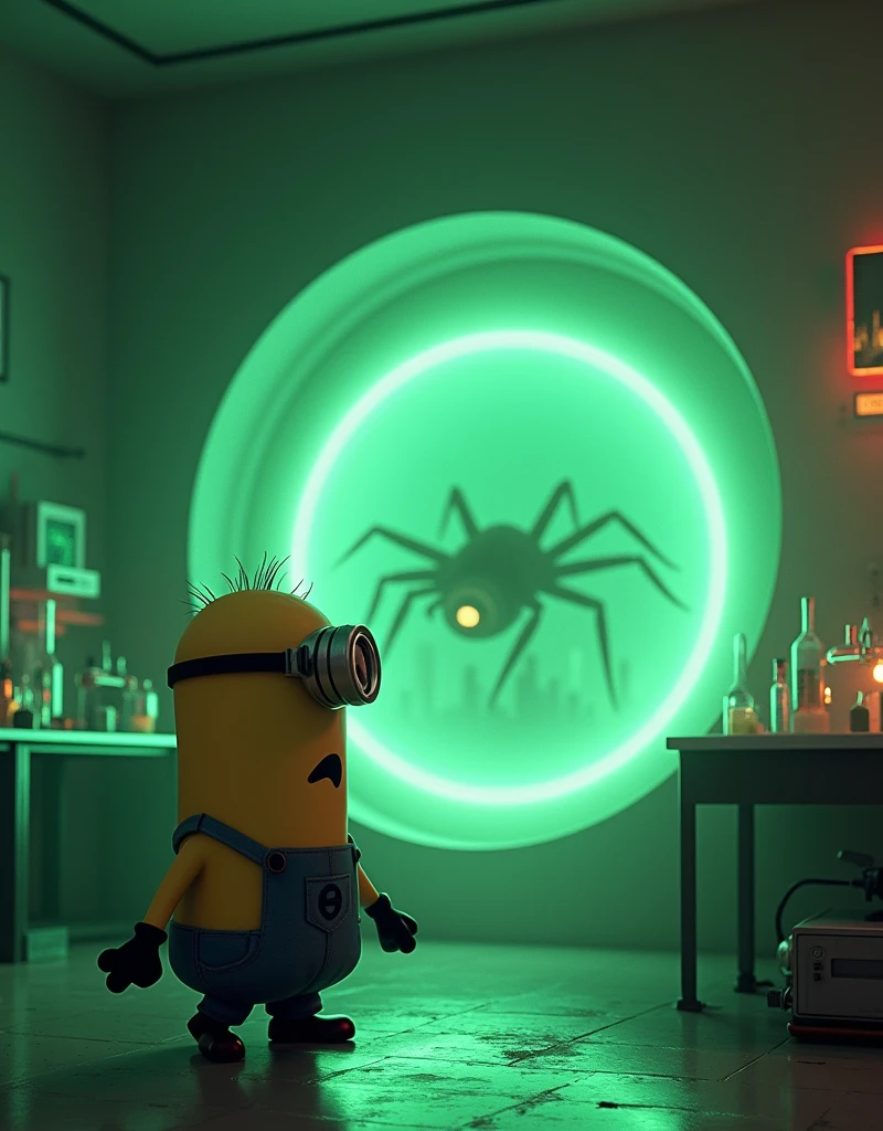 A corner of the lab with a glowing green portal just appeared, smaller but similar space gate in the city. A giant but smaller spider is crawling out of the gate, Minion Kevin turned around with a look of horror., hand still holding a laboratory instrument.