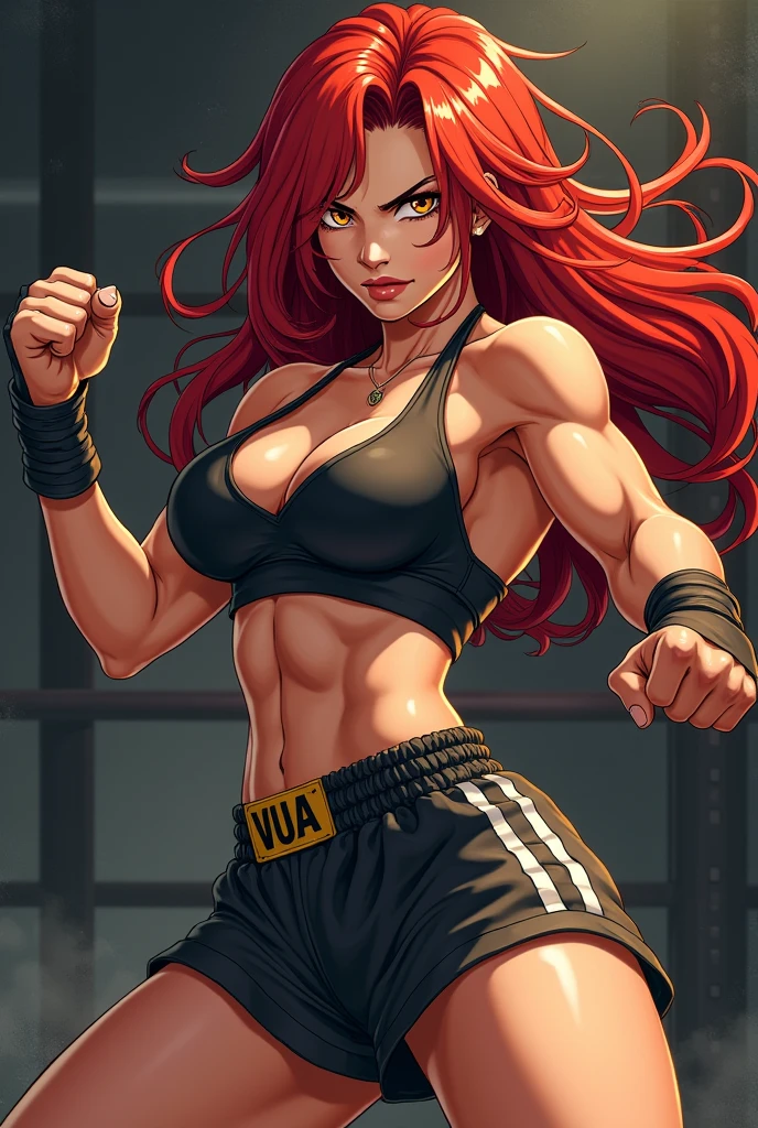 ((masterpiece,best quality)), Brown skin, yellow eyes, long red hair, halter top, shorts, big breasts, big hips, hair between eyes, hair flares out, 1girl, solo, brown-skinned female, red-haired female, front view, muscular