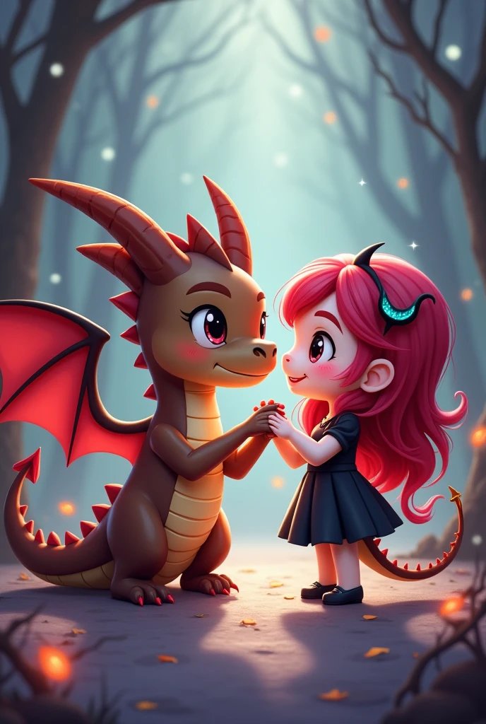A male dragon with large brown wings along with a vampire with red hair and a short black dress, both in chibi form