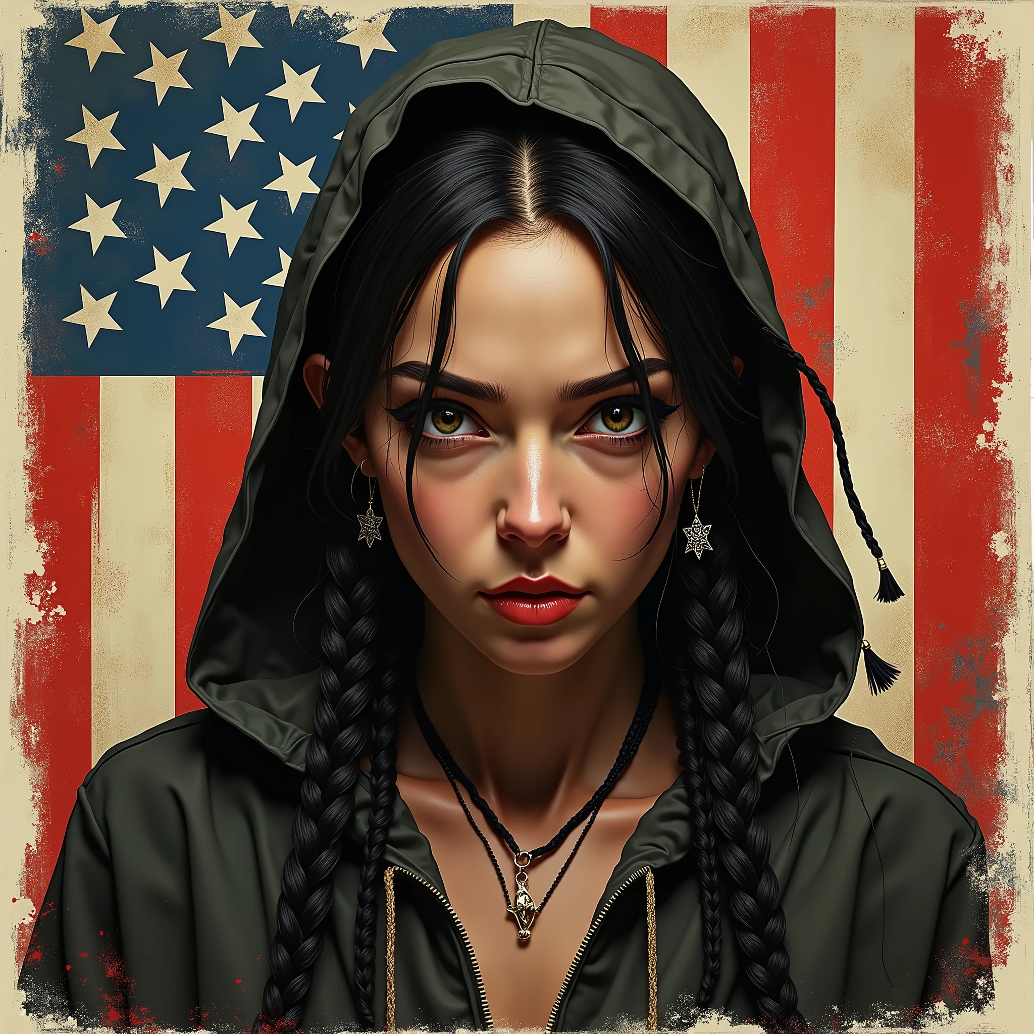 Stiker, braid, braid, bangs, hood, crazy eyes, raised eyebrows, earrings, annoyed, framed, trim marks, American propaganda poster, anatomically correct, high details