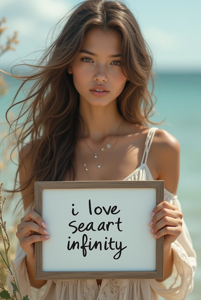 Beautiful girl with wavy long hair, bohemian dress, holding a white board with text "I Love Seaart Infinity" and showing it to the viewer