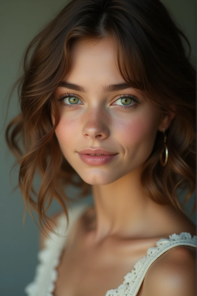 Green eyed girl. Short brown wavy hair