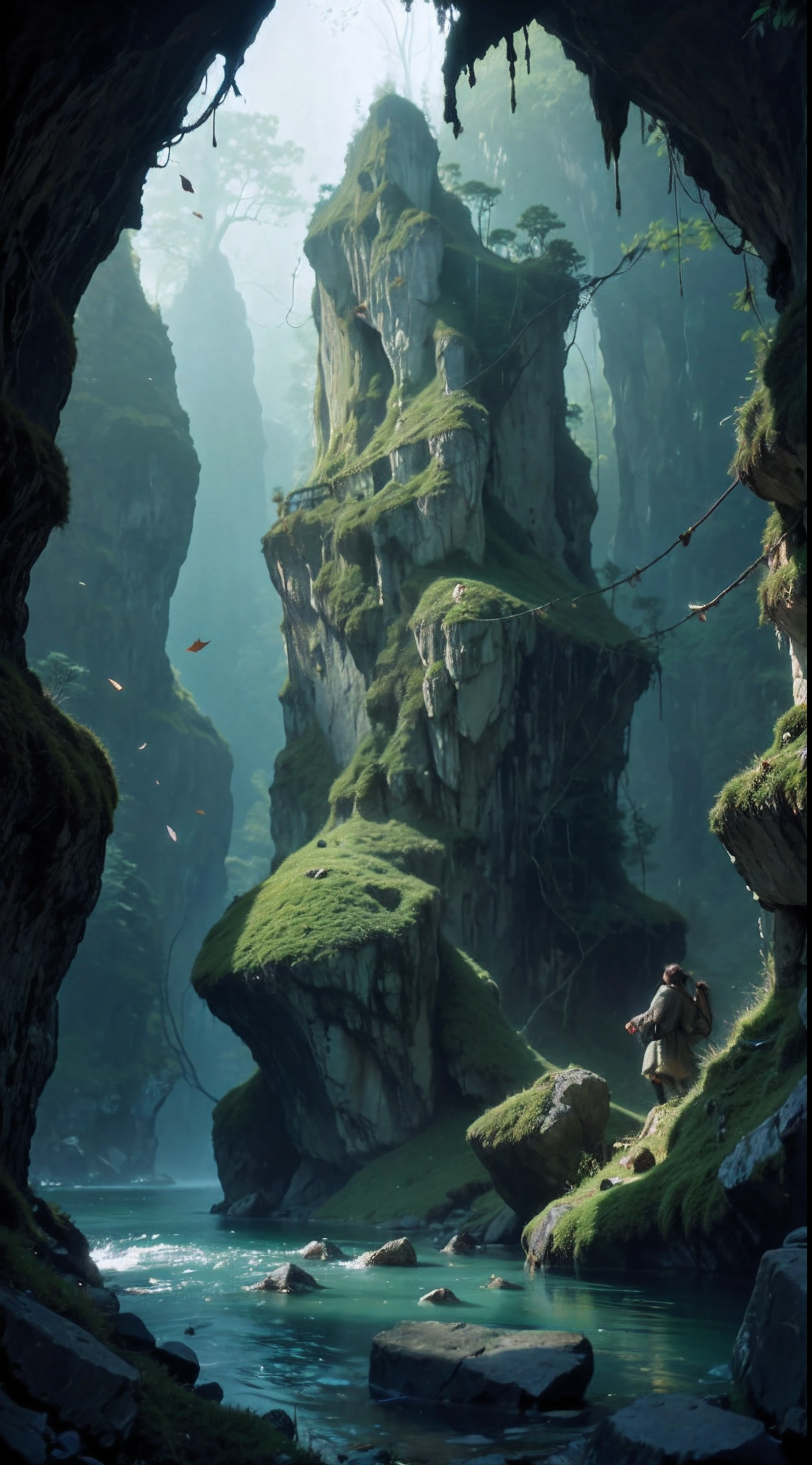 paisaje, 8k potrait of beautiful cavern landscape with tall rock stone, intrikate, chic, point of interest photography, perfect natural lighting (work of art, side lighting, finely detailed beautiful paisaje), long hair, realistic mountain, realistic sky, Beautiful sky, average ray of light, third photograph rule, point of interest photography, perfect paisaje color tone, realistic lake, realistic leaf, falling leaf, realistic grass, realistic climbing, realistic tree, Surreal Photography, cavern, realistic moss, realistic water, water reflection, dramatic shadow, realistic nature rope, tree rope, realistic rock stone, fog, misty, saturation brightness light