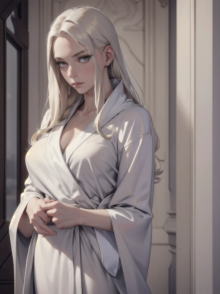 beautiful platinum blonde haired woman, pale skin, draped in silver grey silk bathrobe, gold hues