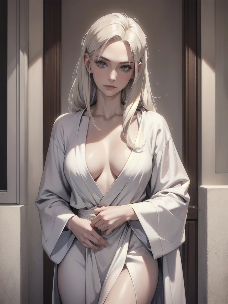 beautiful platinum blonde haired woman, pale skin, draped in silver grey silk bathrobe, gold hues
