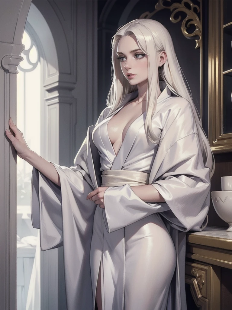 beautiful platinum blonde haired woman, pale skin, draped in silver grey silk bathrobe, gold hues