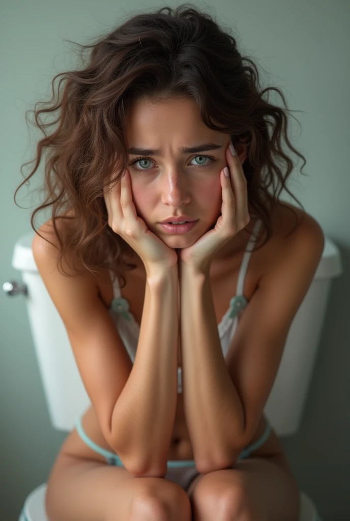 Peux tu générer le visage et le coprs d'une jeune femme au cheveux bruns bouclés, avec un nez affiné. Des yeux en amande avec la paupière de couleur bleu très claire. La peau de couleur blanche mais légèrement bronzée. Relativement jeune, vers la vingtaine. Pour le corps, c'est une personne qui mesure 1,60 mètres. Elle a des épaules plutôt fines et une corpulence très légère . Elle a une poitrine de 50 centimètres . Elle doit avoir un ventre gonflé et une taille légèrement plus large que les épaules, d'environ 120 à 124 centimètres. Elle a des cuisses larges. Elle est en lingerie. Et on doit entièrement la voir. Elle est extrêmement constipée sur les toilettes et n'y arrive pas. On voit son visage crispé