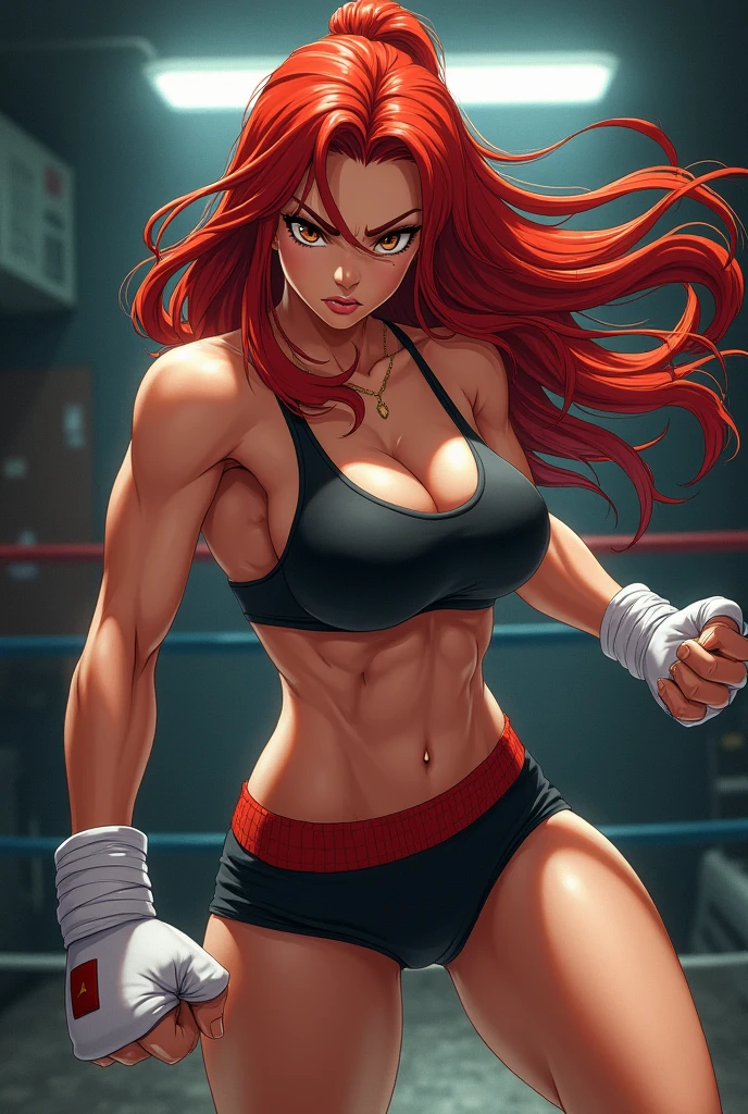 Girl with long red hair, musclegirl, ferocious, pretty, eyes browns, kickboxing fighter, Caucasian skin, アニメ