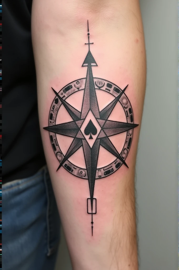 "tattoo design: In the middle, an equilateral triangle with three lines coming out from each vertex, forming a three-pointed star (Supernatural anti-possession symbol). Surrounding the triangle, A stylized compass with poker signs (hearts, diamonds, clubs and spades) at the ends corresponding to the cardinal points. In the middle de la brújula, the number 4. The outline of the compass has a space for a phrase in Nahuatl: 'I'll see you at Mictlan, sierra'. The style of the tattoo is minimalist and elegant, with clean lines and subtle details. The colors are mainly black and gray, with possible touches of red or blue to highlight details."