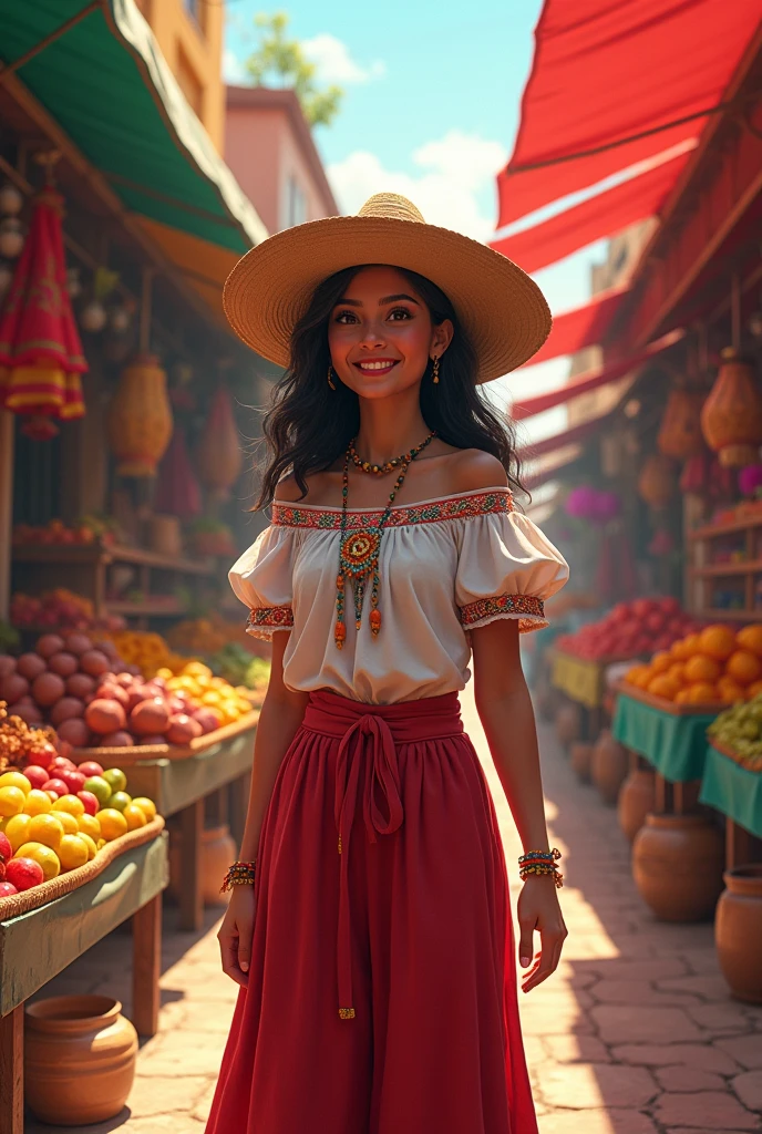 Maria in a colorful Mexican market, surrounded by fruits and flowers lively