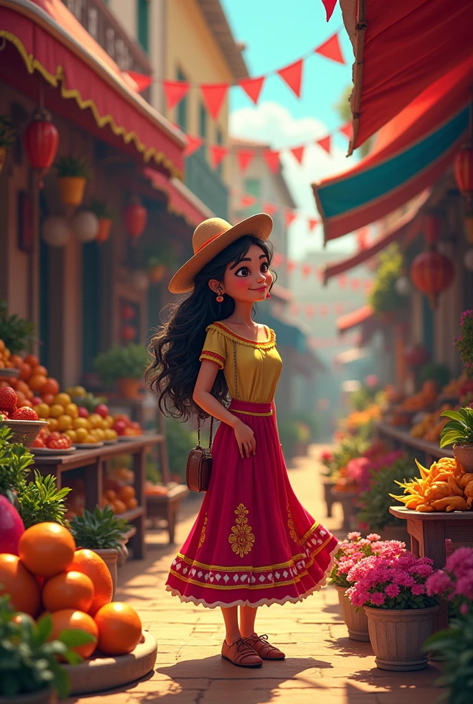 Maria in a colorful Mexican market, surrounded by fruits and flowers lively