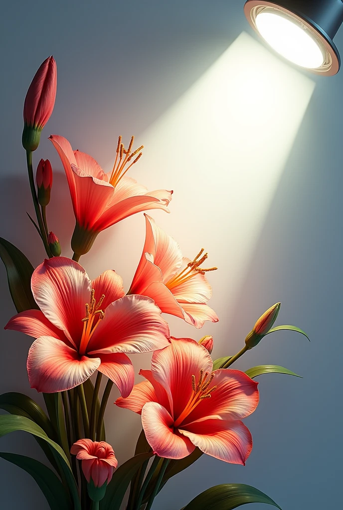white led spotlight pointed sideways at super realistic flowers