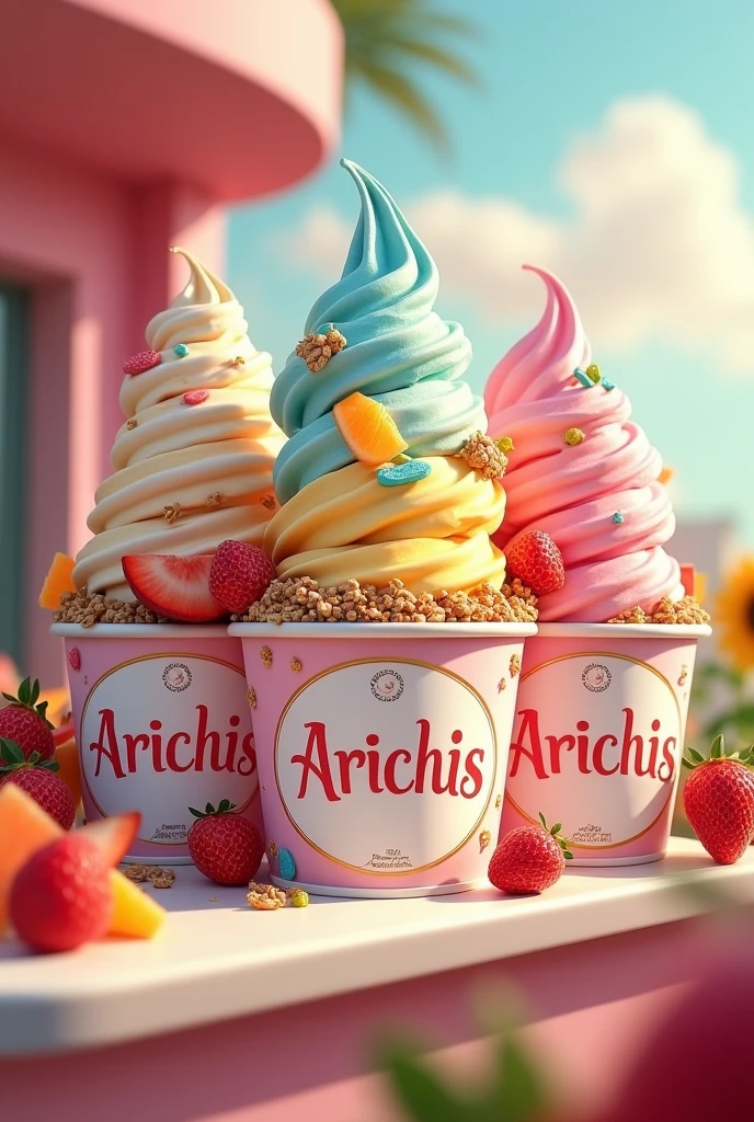 For a sign for an ice cream shop with the name Arichis Let the ice cream be frozen yogurt with various topics
