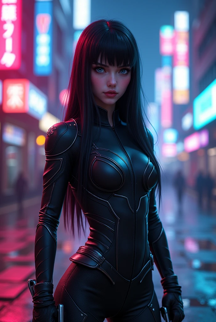 (Realistic 4k full body portrait, slim 18s girl, long straight black hair, long bangs. The girl is an Avenger, she has a superheroine leather suit. She has weapons in both hands. Her face is cute and she has big blue eyes. The background is a very realistic night Cyberpunk city with lots of magenta and blue bright neon signs.