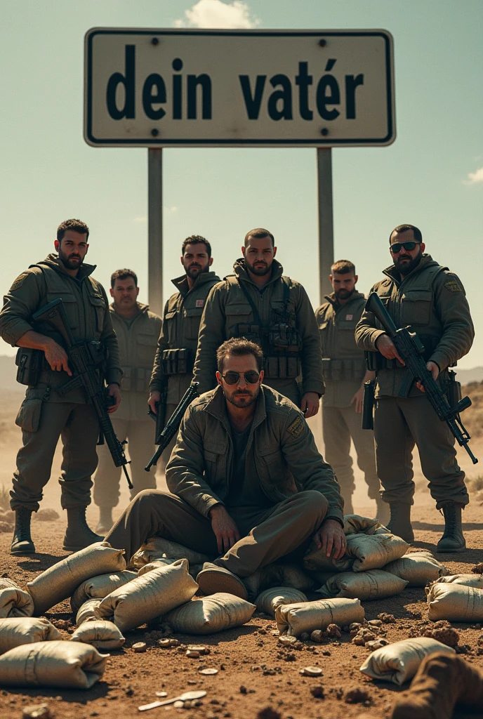Make me a cartel with Weapons Drugs Watching in the middle of nowhere with people who have kidnapped them with drugs and everything Behind them is Dein Vater on a sign and they are surrounded by cars and are full of money bags 