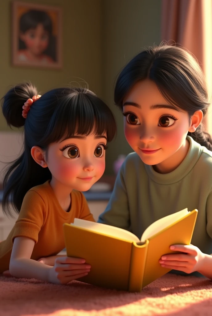 An eleven year old pixar style girl talking to her mother about the yellow book