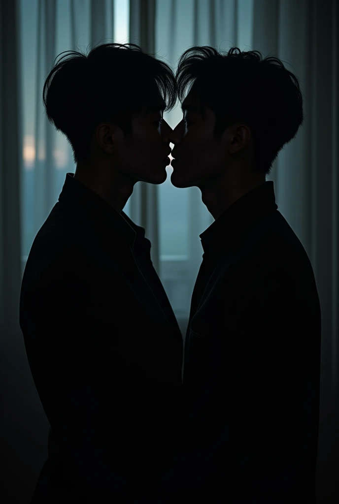 eux tu faire deux hommes en train de se regarder mantiquement de vue de dos dans le noir ou on voit ste les silouhettes. Je veux qu'on voit que leurs ombre Je veut qu'on voit que leurs silhouette. Je veux pas d'on voit leurs visage. Une image ou que les visage ont vu pas le corp. Plus rapprocher leurs visgae. Deux ommes apparence coreen. Je veux que l'image ssemble à la couverture de l'album de taeyeon to x. n homme avec des lèvres plus pulpeuses et un visage.