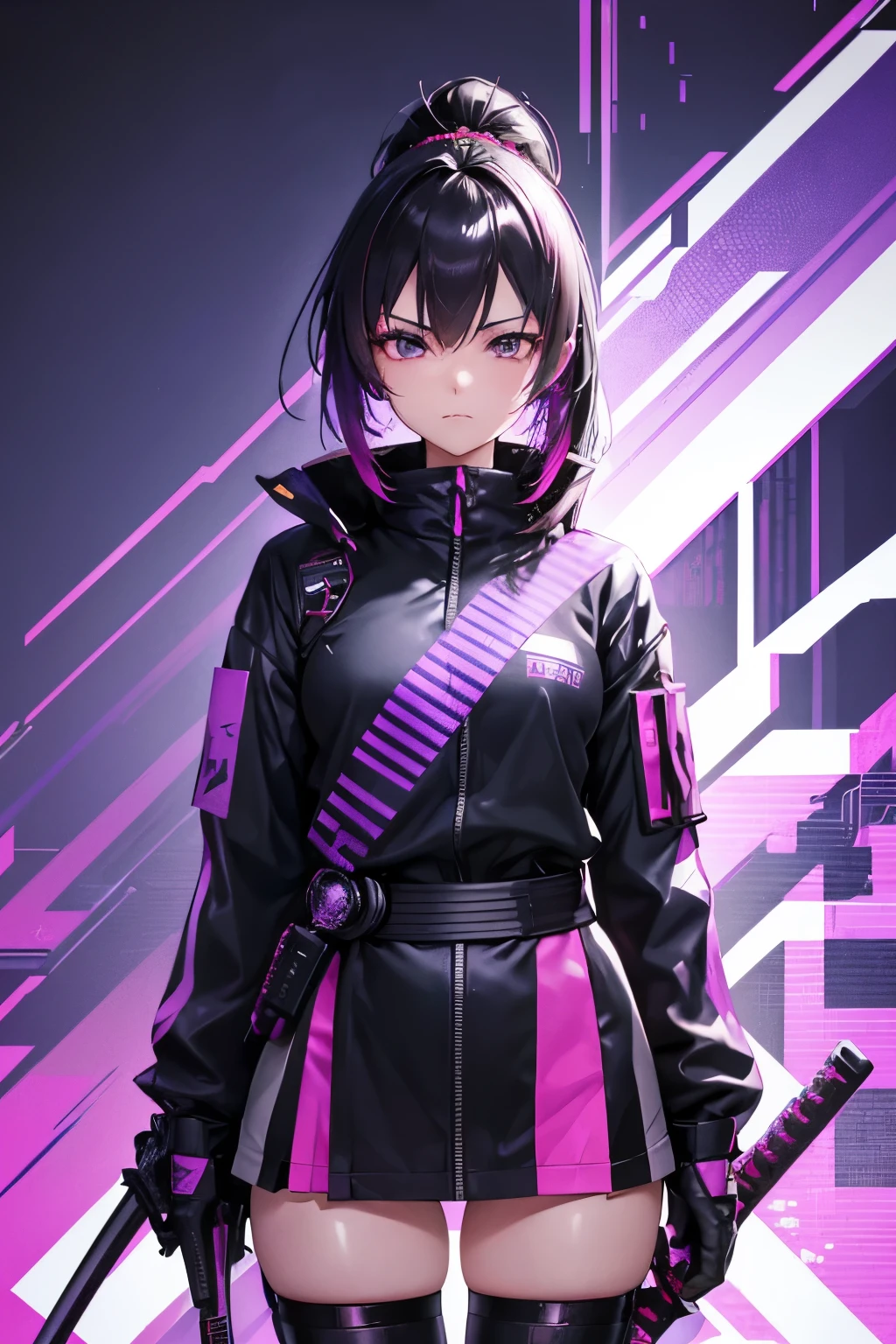 a close up of a person holding two swords in a purple background, katana zero video game character, katanas strapped to her back, very beautiful cyberpunk samurai, cyberpunk samurai, cyberpunk angry gorgeous goddess, wearing techwear and armor, kunoichi, female cyberpunk anime girl, female samurai, m4 sopmod ii girls frontline, samurai outfit, cyberpunk geisha