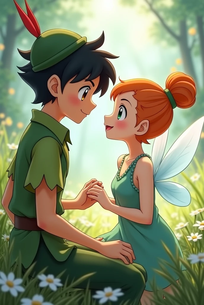 draw Pokemon, ash like a Peter pan (black hair, brown eyes, handsome guy ), pokegirl Misty like Tinkerbell (Berry Short,Orange Hair,one side up hair,Big green eyes,Small breasts,Skinny) , beautiful moment , anime, masterpiece, best quality, (extremely detailed CG unity 8k wallpaper), (best quality), (best illustration), (best shadow), absurdres, realistic lighting, (Abyss), beautiful detailed glow, anime Shounen style , background simple