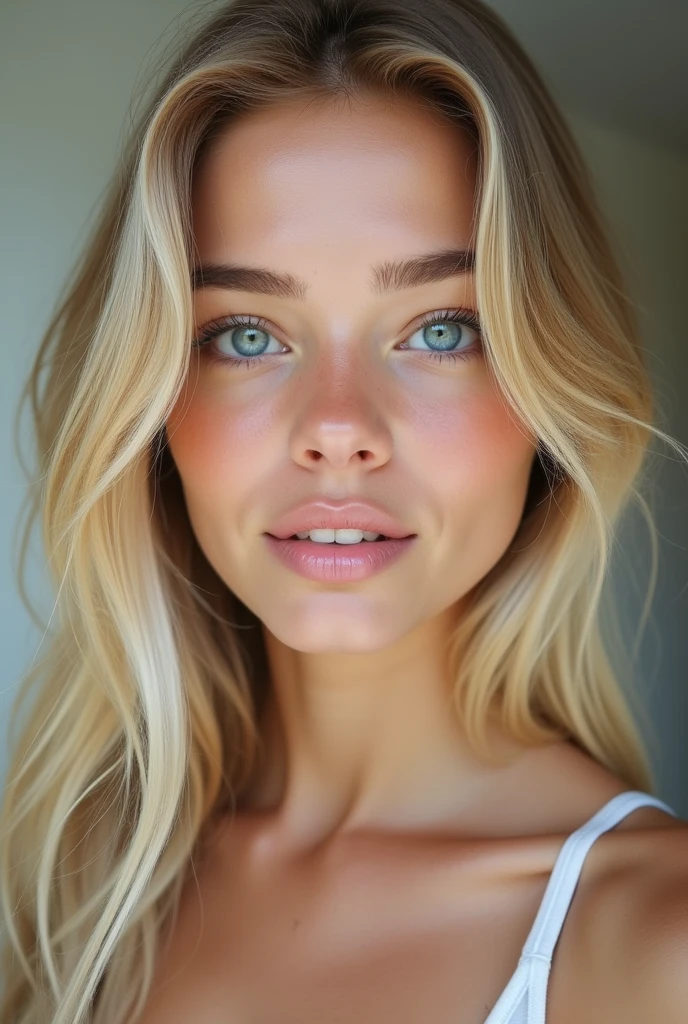 Beautiful realistic blonde with clear face, 20 years old